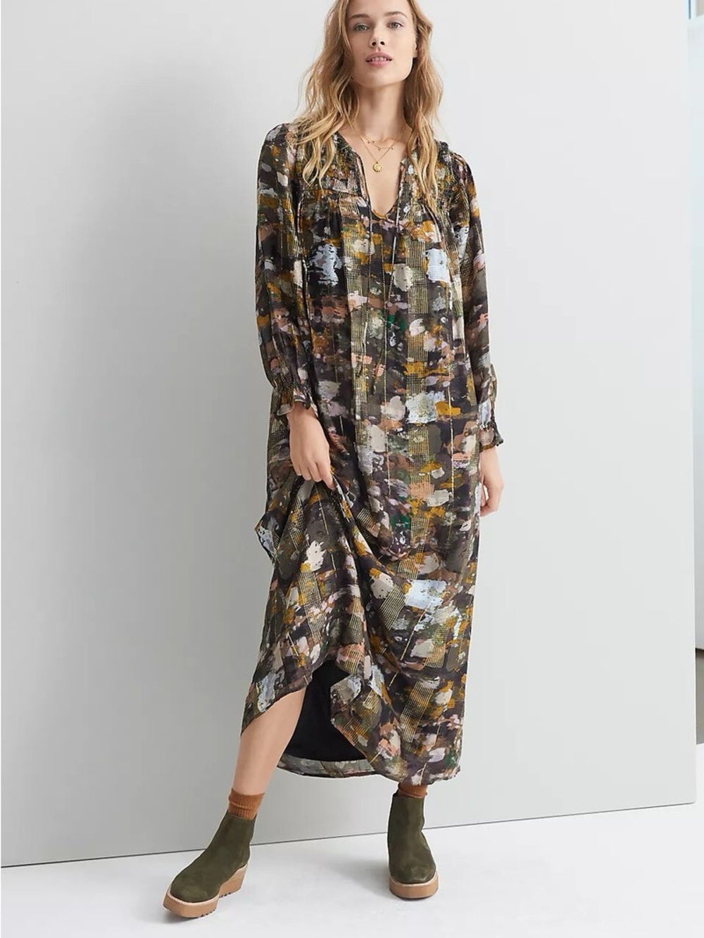 Anthropologie Black Abstract Dress with Gold Details; fits S/M